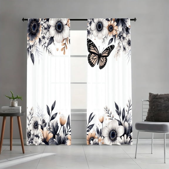 WNOOHIY Butterfly Floral Botanical Print Light-filtering Curtains for Living Room Bedroom, Set of 2 Panels