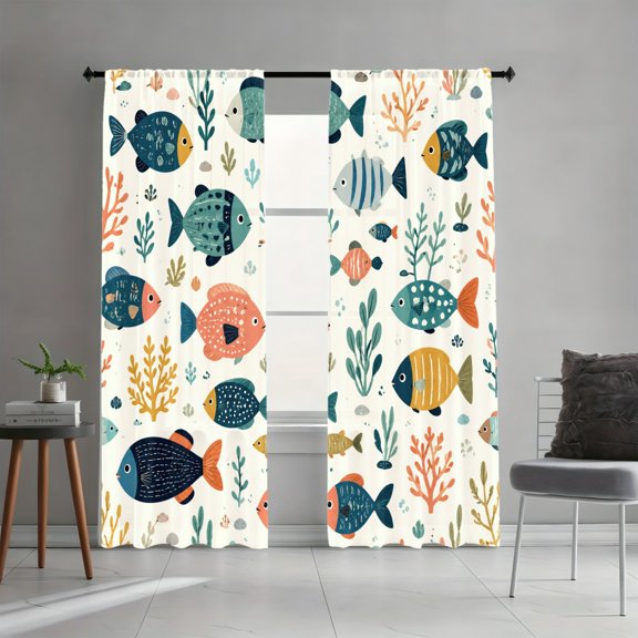 WNOOHIY Cartoon Coral Seaweed Fish Ocean Light-filtering Window Curtains for Living Room Bedroom Decor, Set of 2 Panels