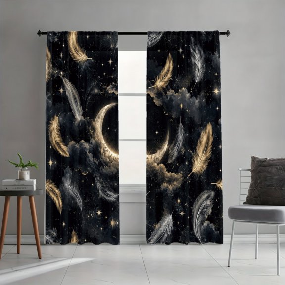 WNOOHIY Celestial Moon Feather Starry Sky Print Light Filtering Curtains, 2 Panels, Rod Pocket, Window Curtains for Bedroom Home Office