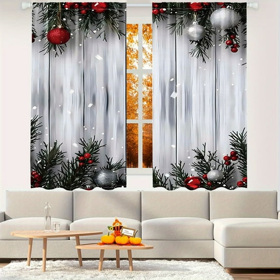 WNOOHIY Christmas Ornament Pine Branch Pattern Light-filtering Curtains, Holiday Theme Window Drapes For Living Room Bedroom Set of 2 Panels