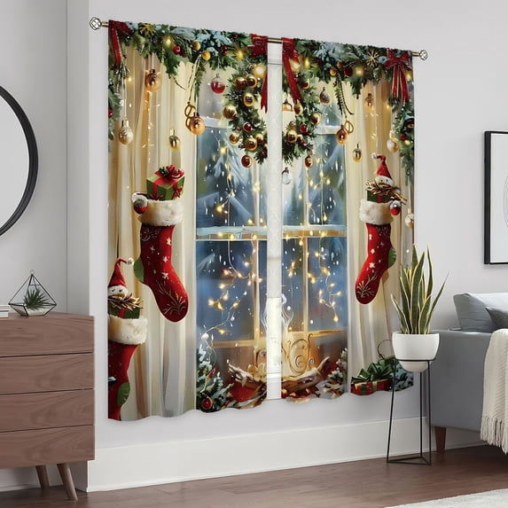 WNOOHIY Christmas Wreath Stocking Gift Pattern Decorative Curtains for Living Room Bedroom, Set of 2 Panels