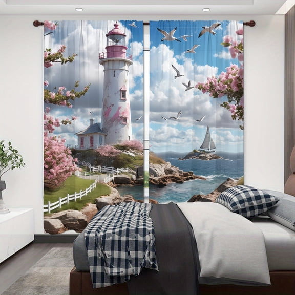 WNOOHIY Coastal Lighthouse Cherry Blossom Print Light-filtering Curtains for Living Room Bedroom Home Decoration, Set of 2 Panels