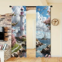 WNOOHIY Coastal Lighthouse Cherry Blossom Print Light-filtering Curtains for Living Room Bedroom Home Decoration, Set of 2 Panels