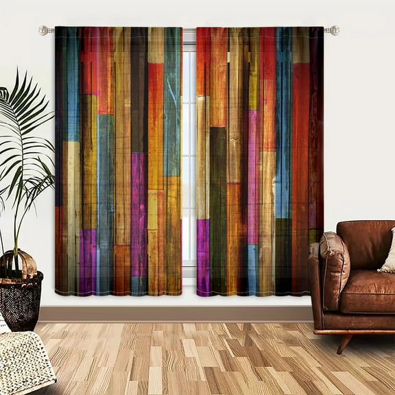 WNOOHIY Colorful Wooden Plank Pattern Polyester Curtains for Bedroom, Living Room,Set of 2 Panels