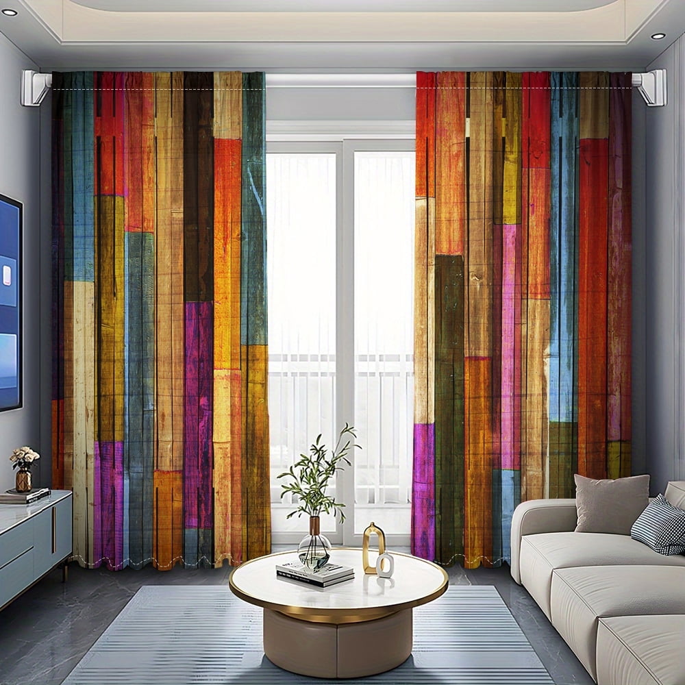 WNOOHIY Colorful Wooden Plank Pattern Polyester Curtains for Bedroom, Living Room,Set of 2 Panels
