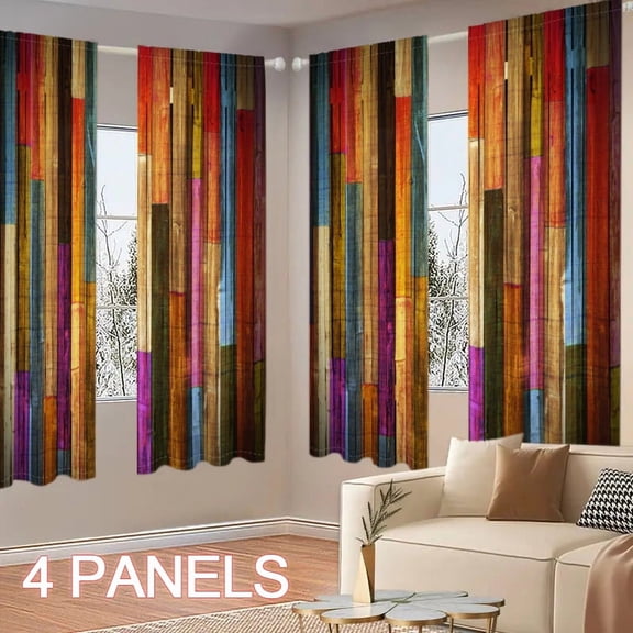 WNOOHIY Colorful Wooden Plank Stripe Light-filtering Curtains for Living Room, Bedroom, Outdoor Decoration, Set of 4 Panels