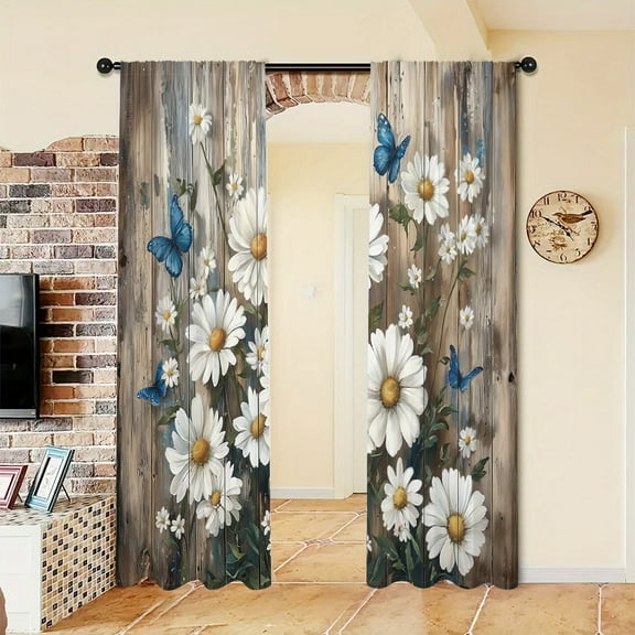 WNOOHIY Country Cottage Style Daisy Butterfly Wood Grain Print Light-filtering Curtains for Living Room Bedroom Home Decoration, Set of 2 Panels