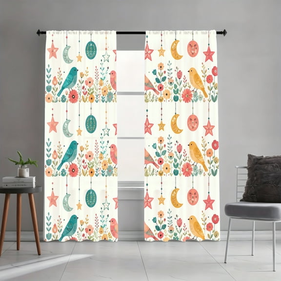 WNOOHIY Cute Bird Flower Moon Star Pattern Light Filtering Curtains, Whimsical Boho Home Decor, All-Season Curtains for Living Room Bedroom Dormitory Decoration, 2 Panels