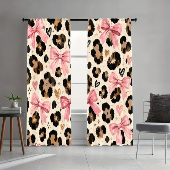 WNOOHIY Cute Bow Leopard Print Pink Accent Light Filtering Curtains, Fun Animal Pattern Decor, All-Season Curtains for Living Room Bedroom Dormitory Decoration, 2 Panels