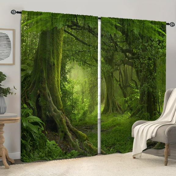 WNOOHIY Dark Green Jungle Forest Printing Pattern Curtains For Bedroom,Living Room,Set of 2 Panels