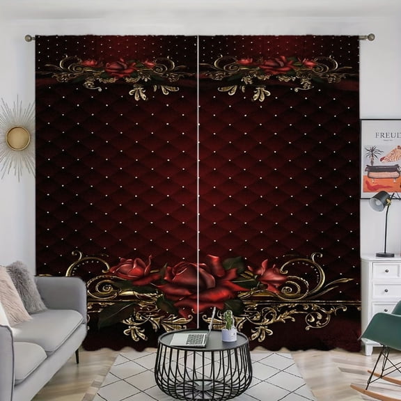WNOOHIY Dark Red Rose Pattern Luxury Light-filtering Curtains for Living Room Bedroom, 21x46inx2pcs