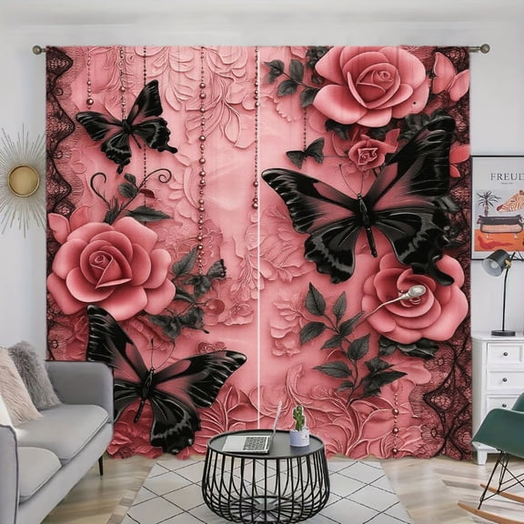 WNOOHIY Elegant Butterfly & Rose Floral Print Light Filtering Curtains for Living Room Bedroom, Set of 2 Panels