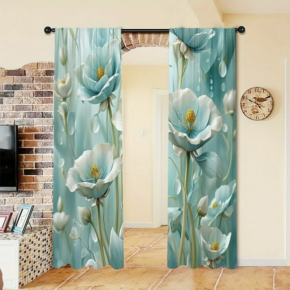 WNOOHIY Elegant Floral Blue & White Water Drop Light-filtering Window Curtains for Bedroom and Living Room, Set of 2 Panels