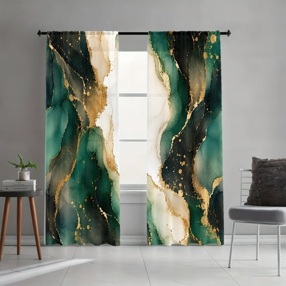 WNOOHIY Emerald Gold Swirl Fluid Marble Abstract Art Light-Filtering Curtains, 2 Panels for Living Room Bedroom Dining Room