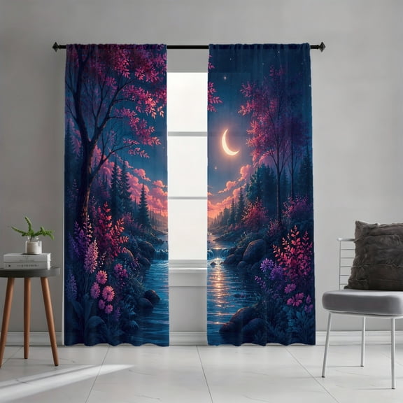 WNOOHIY Enchanting Crescent Moon Starry Sky Fantasy Landscape Light Filtering Curtains, Nature Scenery Decor, All-Season Curtains for Living Room Bedroom Dormitory, 2 Panels