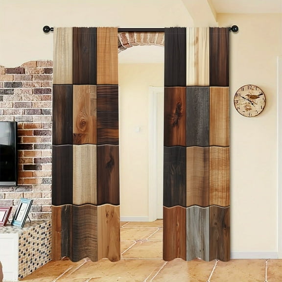 WNOOHIY Farm Style Wooden Board Wood Grain Patchwork Light-filtering Curtains for Young People Bedroom Living Room,Set of 2 Panels
