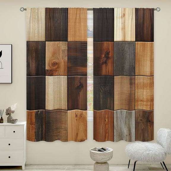 WNOOHIY Farm Style Wooden Board Wood Grain Patchwork Light-filtering Curtains for Young People Bedroom Living Room,Set of 2 Panels