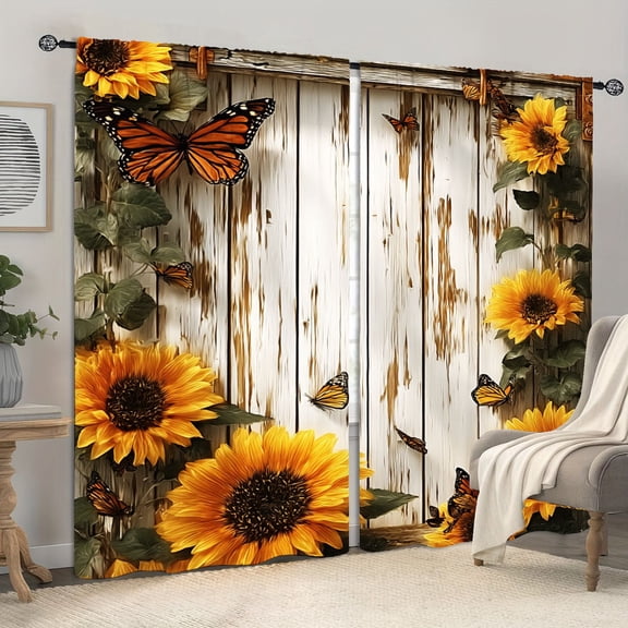 WNOOHIY Farmhouse Country Theme Sunflower Butterfly Pattern Light-filtering Curtains for Living Room Bedroom Home Decoration, Set of 2 Panels