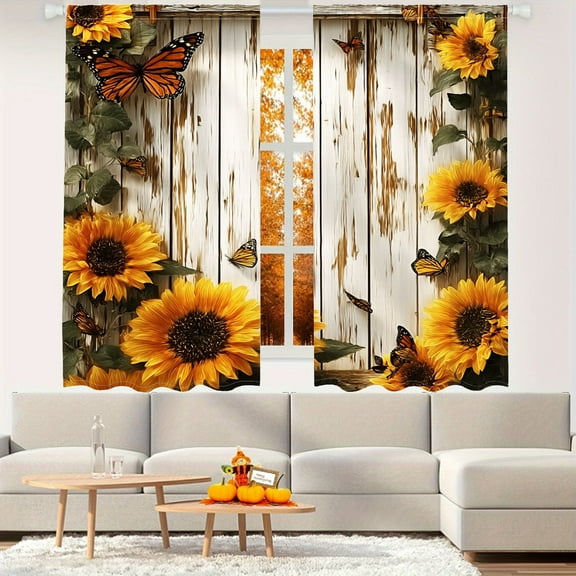 WNOOHIY Farmhouse Country Theme Sunflower Butterfly Pattern Light-filtering Curtains for Living Room Bedroom Home Decoration, Set of 2 Panels