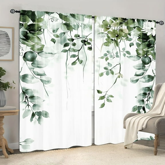 WNOOHIY Farmhouse Green Leaf Watercolor Botanical Light-filtering Window Curtains for Bedroom and Living Room, 2 Panels