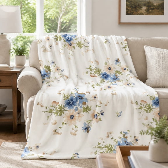 WNOOHIY Flannel Fleece Throw Blanket, Blue and Peach Botanical Floral Pattern, Soft Lightweight Cozy for Sofa Couch Bed, 30"x40"