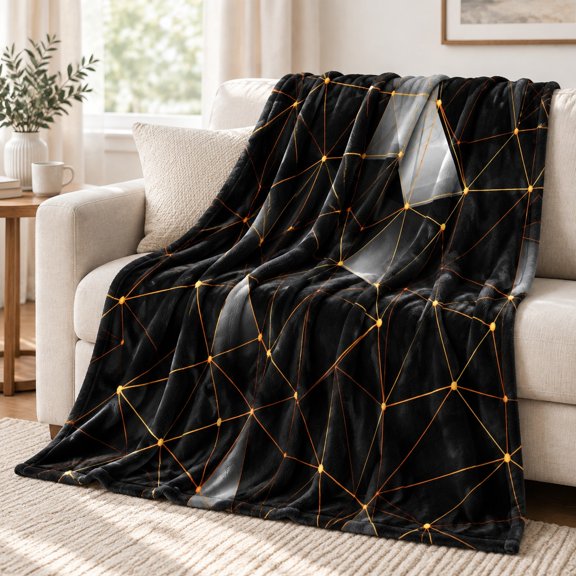 WNOOHIY Flannel Throw Blanket, Black Gold Modern Geometric Pattern, Cozy Decorative for Sofa & Living Room, 30"x40"