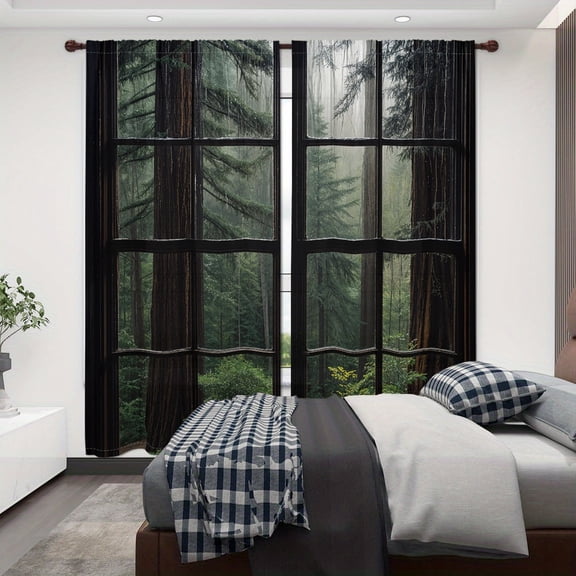 WNOOHIY Forest Foggy Redwood Tree Landscape Print Light-filtering Curtains for Living Room Bedroom Home Decoration, Set of 2 Panels