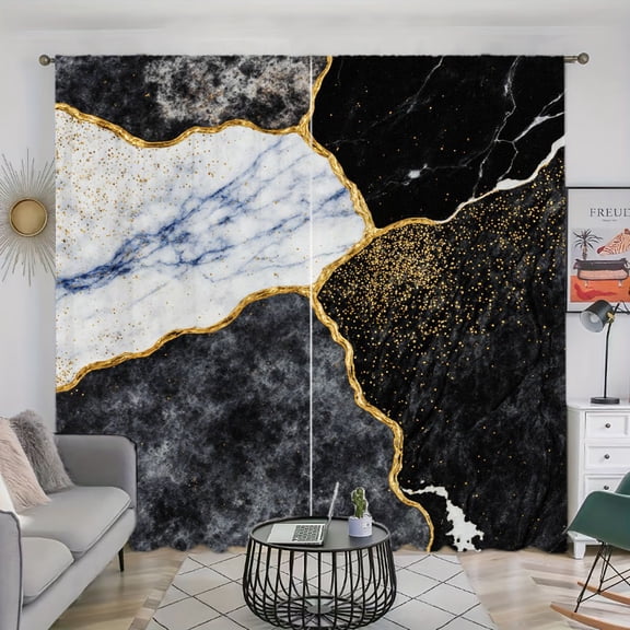 WNOOHIY Gold Glitter Marble Pattern Light-filtering Curtains for Living Room Bedroom, 52x63inx2pcs