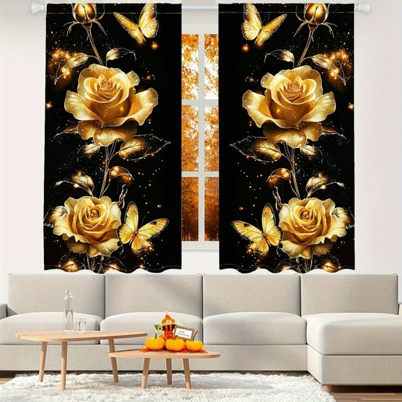 WNOOHIY Golden Rose Butterfly Floral Pattern Light-filtering Curtains for Living Room Bedroom Home Decoration, Set of 2 Panels