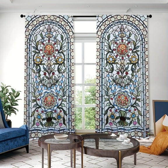 WNOOHIY Gothic Floral Artistic Stained Glass Light-filtering Curtains for Youngsters Bedroom Living Room,Set of 2 Panels