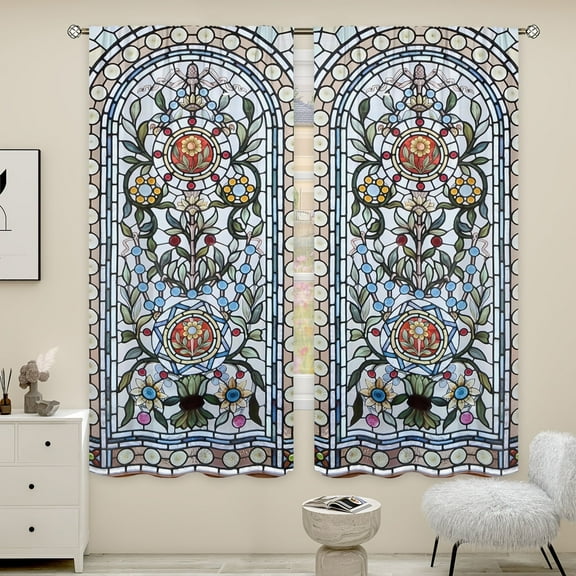 WNOOHIY Gothic Floral Artistic Stained Glass Light-filtering Curtains for Youngsters Bedroom Living Room,Set of 2 Panels