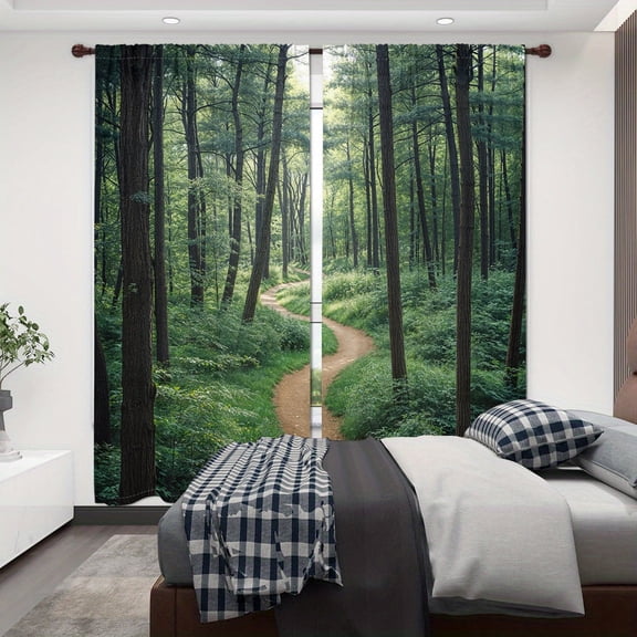 WNOOHIY Green Forest Trail Landscape Light-filtering Curtains for Living Room Bedroom Home Decoration, Set of 2 Panels
