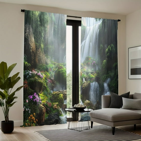 WNOOHIY Green Realistic Forest Waterfall Landscape Painting Privacy Light-filtering Window Curtains for Bedroom and Living Room, 2 Panels