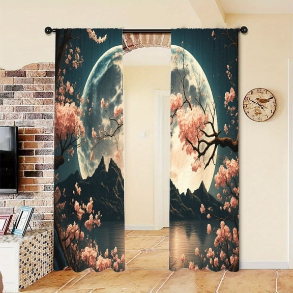 WNOOHIY Japanese Cherry Blossom Mountain Lake Light-Filtering Curtains, 2 Panels For Oriental Style Room