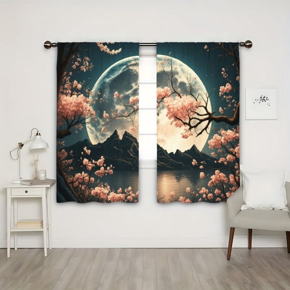 WNOOHIY Japanese Cherry Blossom Mountain Lake Light-Filtering Curtains, 2 Panels For Oriental Style Room