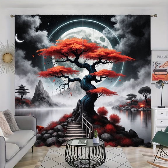 WNOOHIY Japanese Style Red Tree & Moon Light Filtering Curtains for Living Room Bedroom, Set of 2 Panels