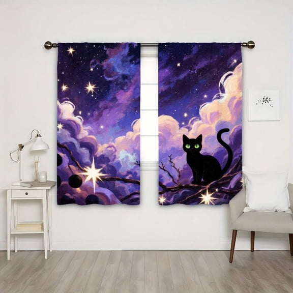 WNOOHIY Light Filtering Black Cat Starry Tree Curtains, 21"W x 46"H, 2 Panels