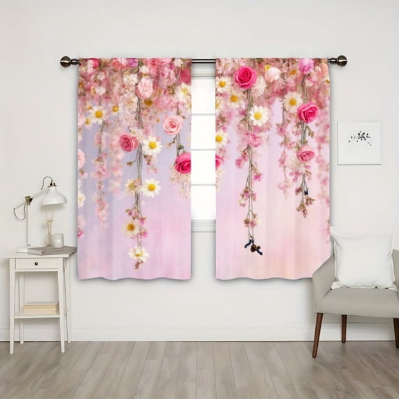 WNOOHIY Light Filtering Hanging Rose Daisy Curtains, 21"W x 46"H, 2 Panels