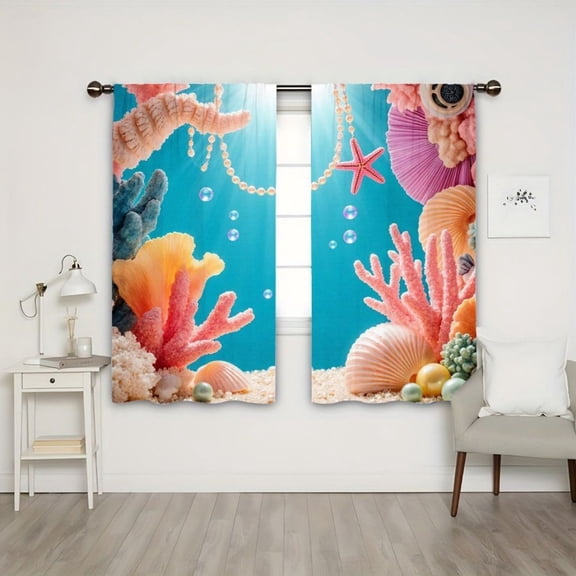 WNOOHIY Light Filtering Ocean Coral Starfish Curtains, 21"W x 46"H, 2 Panels