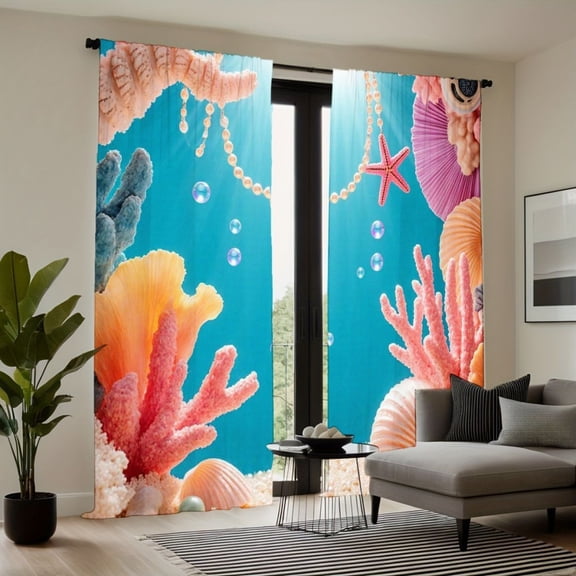 WNOOHIY Light Filtering Ocean Coral Starfish Curtains, 52"W x 84"H, 2 Panels