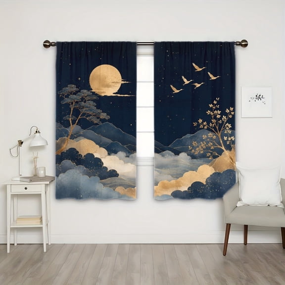WNOOHIY Light Filtering Rod Pocket Curtains, Artistic Night Sky Moon Tree Elegant Landscape Print Window Drapes for Living Room Bedroom, 2PCS