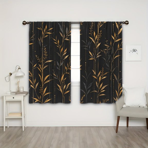 WNOOHIY Light Filtering Rod Pocket Curtains, Black Gold Moon Star Art Leaf Print Window Drapes for Living Room Bedroom, 2PCS
