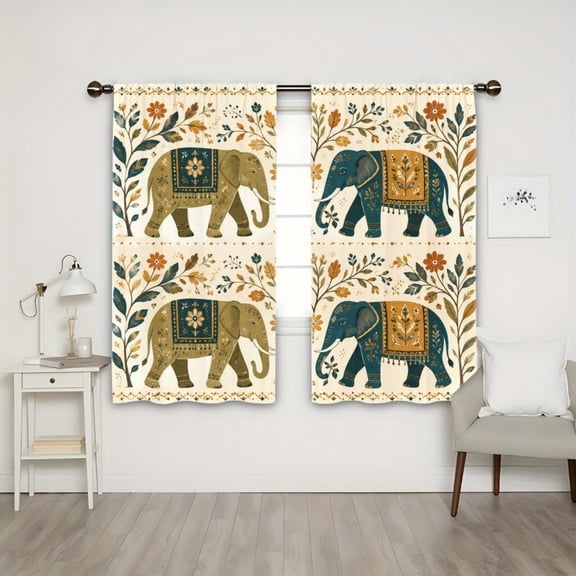 WNOOHIY Light Filtering Rod Pocket Curtains, Boho Indian Elephant Floral Print Window Drapes for Living Room Bedroom, 2PCS