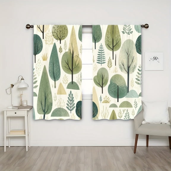 WNOOHIY Light Filtering Rod Pocket Curtains, Boho Spring Woodland Tree Hill Art Print Window Drapes for Living Room Bedroom, 2PCS