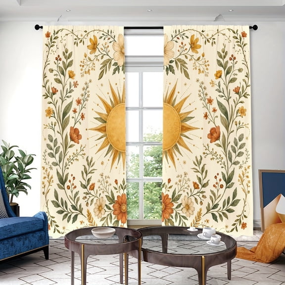WNOOHIY Light Filtering Rod Pocket Curtains, Boho Sun Botanical Leaf Vine Print Window Drapes for Living Room Bedroom, 2PCS