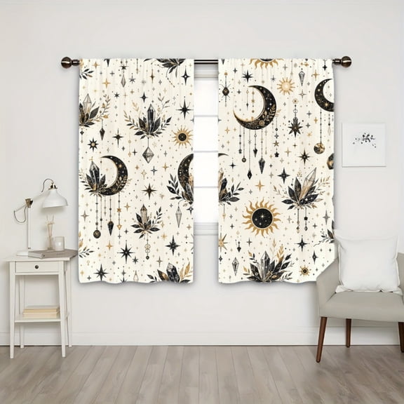 WNOOHIY Light Filtering Rod Pocket Curtains, Celestial Moon Star Sun Botanical Leaf Print Window Drapes for Living Room Bedroom, 2PCS