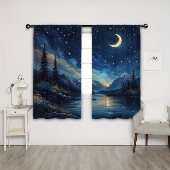 WNOOHIY Light Filtering Rod Pocket Curtains, Crescent Moon Starry Lakeside Mountain Night Landscape Print Window Drapes for Living Room Bedroom, 2PCS