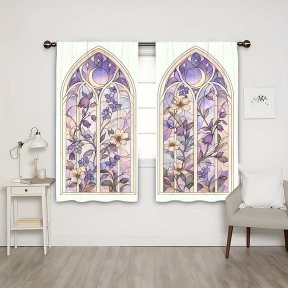 WNOOHIY Light Filtering Rod Pocket Curtains, Gothic Moon Star Floral Print Window Drapes for Living Room Bedroom, 2PCS