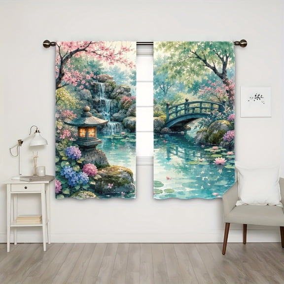 WNOOHIY Light Filtering Rod Pocket Curtains, Japanese Cherry Blossom Waterfall Garden Print Window Drapes for Living Room Bedroom, 2PCS