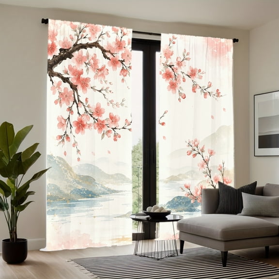 WNOOHIY Light Filtering Rod Pocket Curtains, Japanese Watercolor Cherry Blossom Landscape Print Window Drapes for Living Room Bedroom, 2PCS